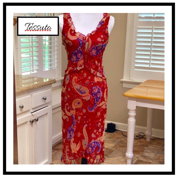 Tessuto Dresses & Skirts - ✨Tessuto Silk Dress; Hi-Lo Diaphanous w/Red Slip